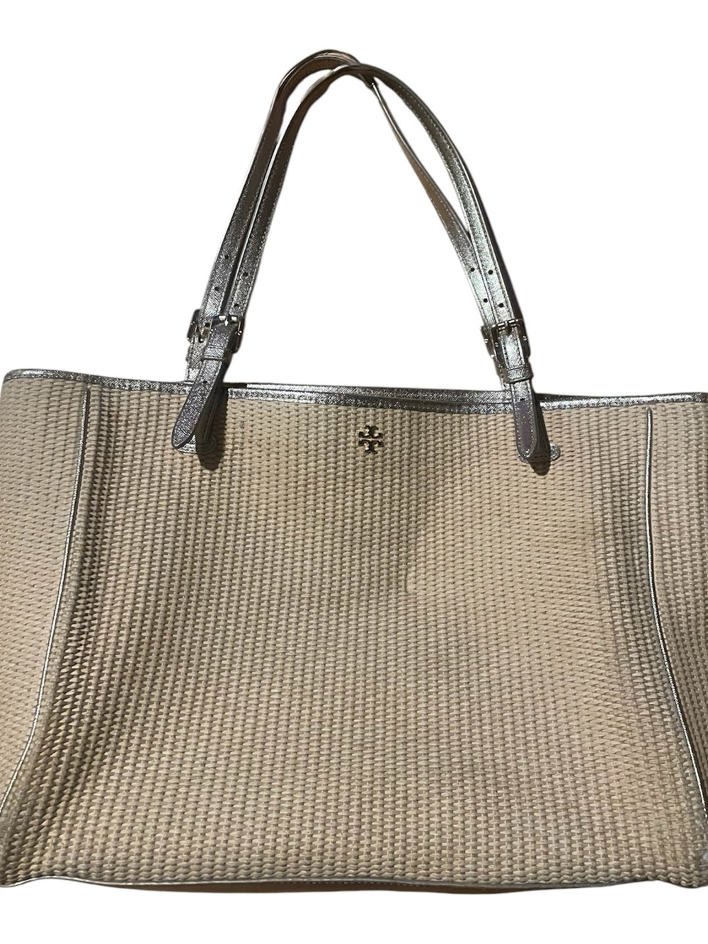Tory Burch Beige Woven Tote with shiny accents and Handles